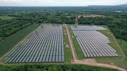 Solar energy farm. Aerial view of a solar farm in Asia.
