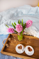 Fototapeta na wymiar A bouquet of beautiful pink hyacinths is standing in a vase on a tray on which are two cups of cappuccino with a heart pattern, the concept of a surprise in bed, a beautiful sunny morning