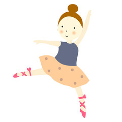 Cute card  with  little  dancing  ballerina. Vector illustration with cartoon girl in hand drawn minimalistic style.  Childish concept print.