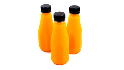 Squeezed orange juice in a plastic bottle placed on a white background