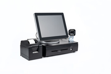 Point of sale touch screen system with thermal printer and cash drawer isolated on white - 358583734