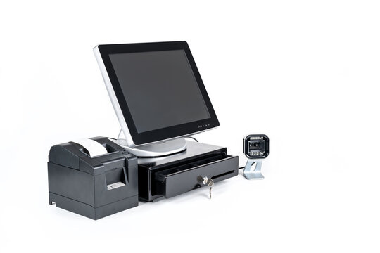 Point of sale touch screen system with thermal printer and cash drawer isolated on white