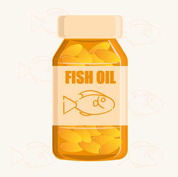 Fish oil capsules in a bottle, vitamin and supplement pills, source of vitamin D