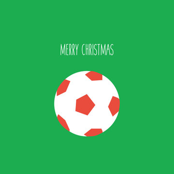  a red & white football or soccer for christmas with text merry christmas on  a green field flat design background like a greeting card