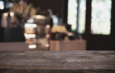 Wood Table Top in Blur Background room interior with empty copy space.