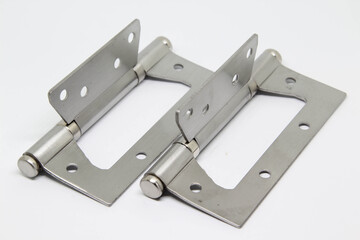 Stainless door hinge isolated on white background.