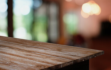 Wood Table Top in Blur Background room interior with empty copy space.