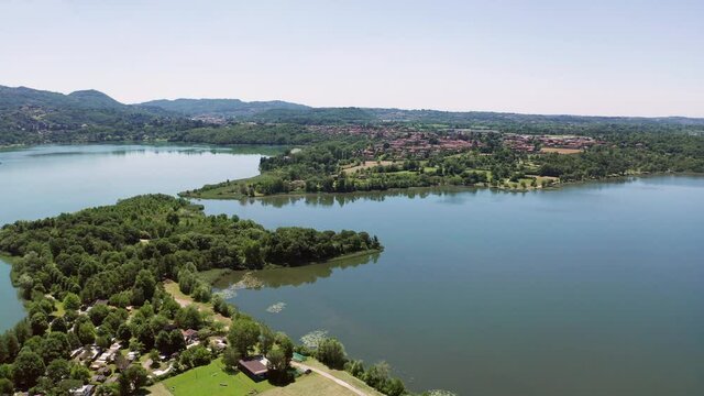 Aerial 4K - view of the Annone Lake, Lecco province, Italy	
