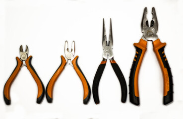 different types of wire cutter tools, different sizes, white isolated background
