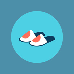 blue background flat design footwear with pair or two hotel & home slippers icon vector isolated with label illustration in a rounded circle