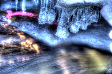 ice and icicle on freshwater river stream in winter, bracketing photo