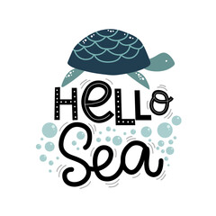 hello sea lettering, turtle and bubbles, vector illustration hand drawing