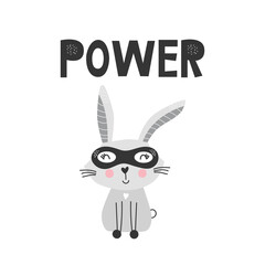 Kids poster with cute hare animal superhero and hand drawn lettering. Baby nursery wall art. Vector illustration.