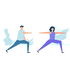 Fototapeta na wymiar Character design of young couple practicing stretching together in nature with healthy lifestyle concept. Vector illustration in flat style