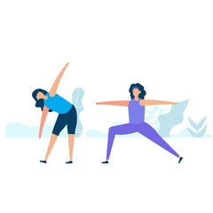 Fototapeta na wymiar Character design of two young woman practicing stretching together in nature with healthy lifestyle concept. Vector illustration in flat style