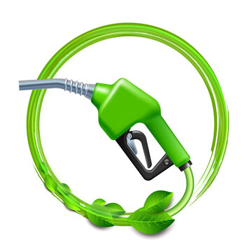 Green Fuel handle pump nozzle and hose with green leaves.