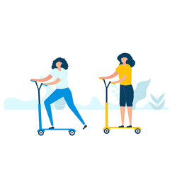 Character design of two young women riding kick scooters together in nature with healthy lifestyle concept. Vector illustration in flat style