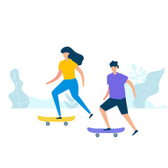 Character design of young couple riding a skateboard together in nature with healthy lifestyle concept. Vector illustration in flat style