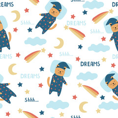 Cute baby seamless pattern with sleeping kittens. Kittens in pajamas in the starry sky. Cartoon vector illustration for textile decor.
