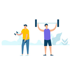 Fototapeta na wymiar Character design of two young fitness man exercising with holding dumbbell in nature with healthy lifestyle concept. Vector illustration in flat style