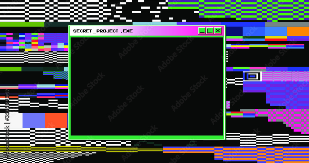 Poster Glitched screen with random colorful pixel noise pattern. Vaporwave and webpunk style background.
