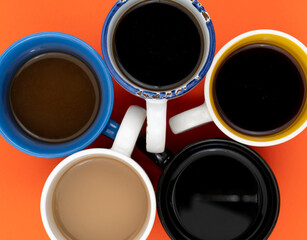 Many cups of coffee on table flat lay copy space.
