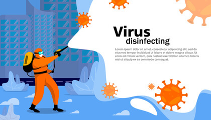 man in hazmat suit cleaning and disinfecting virus cells. virus disinfect protection concept. on city scene vector illustration