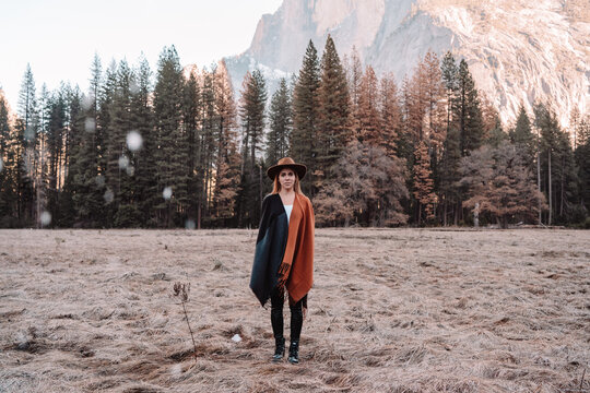 Happy relaxed young female traveler in stylish outfit sitting on stone border against picturesque mountain scenery with rocky cliffs and coniferous forest in Yosemite National Park in USA