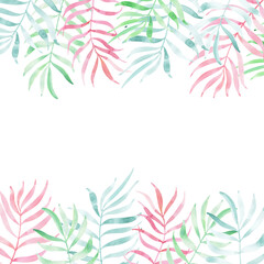 Fototapeta na wymiar Square Summer template with watercolor tropical leaves isolated with white place 