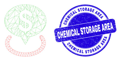 Web carcass dollar placement pictogram and Chemical Storage Area seal stamp. Blue vector round grunge seal stamp with Chemical Storage Area title.