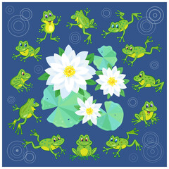 A group of funny cute frogs are jumping around beautiful white lilies. In cartoon style. On  a classic blue background. Vector illustration.