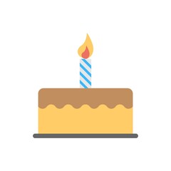 Birthday cake with one candle icon in flat design style.