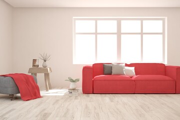 White stylish minimalist room with pink sofa. Scandinavian interior design. 3D illustration