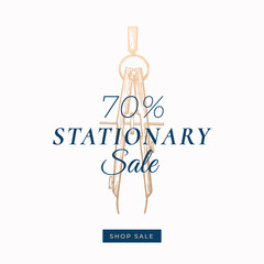 Seventy Percent Stationary Autumn Sale. Abstract Vector Label, Sign or Card Template. Hand Drawn Golden Compass Sketch Illustration with Modern Typography and Shop Sale Button.
