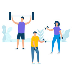 Fototapeta na wymiar Character design of young people group exercising with holding dumbbell and barbell in nature with healthy lifestyle concept. Vector illustration in flat style