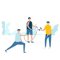 Obraz premium Group of young men practicing exercise with skipping, holding dumbbell, and stretching in nature. Vector illustration character with healthy lifestyle concept in flat style