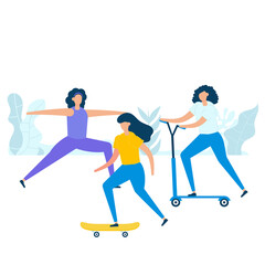 Group of young women practicing exercise with skateboarding, riding kick scooters, and stretching in nature. Vector illustration character with healthy lifestyle concept in flat style