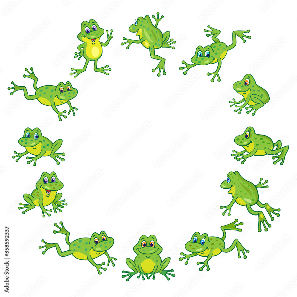 Sticker A group of funny cute frogs are jumping in a circle. In cartoon style. Isolated on white background. Place for your text. Vector illustration. 