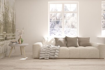 Fototapeta na wymiar White stylish minimalist room with sofa and winter landscape in window. Scandinavian interior design. 3D illustration