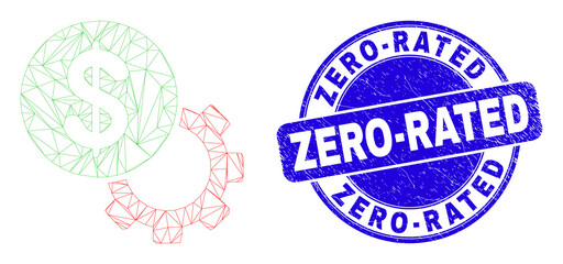 Web mesh financial options gear pictogram and Zero-Rated seal stamp. Blue vector rounded grunge seal with Zero-Rated title.