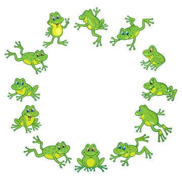 A group of funny cute frogs are jumping in a circle. In cartoon style. Isolated on white background. Place for your text. Vector illustration. 