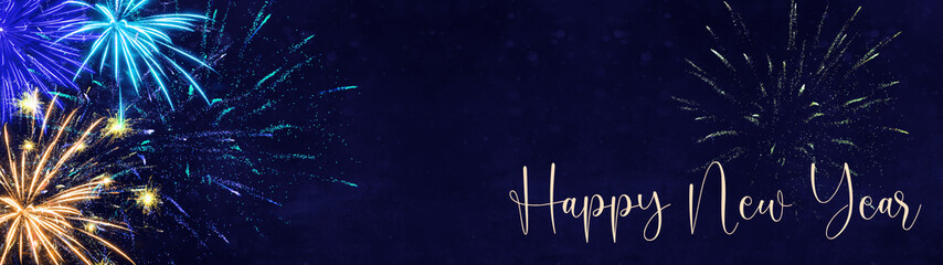 HAPPY NEW YEAR - Silvester background banner panorama long- Colorful firework on dark blue sky texture