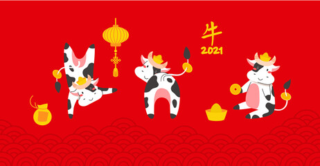 Obraz na płótnie Canvas Chinese new year of white ox 2021 zodiac - vector set bulls or cows, flat cartoon animals for holiday cards, posters and home decorations, cute characters with golden coins for luck - isolated on red