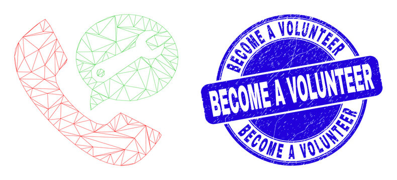 Web carcass service phone call icon and Become a Volunteer seal stamp. Blue vector round grunge seal stamp with Become a Volunteer text.