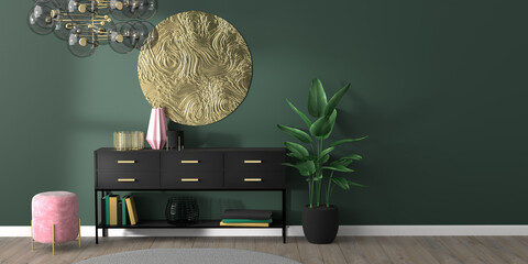 Modern, glamorous style interior mock up with art deco elements, blank green wall, black console table, golden wall decoration, velvet ottoman, wooden floor. 3d render illustration. © Zoeland