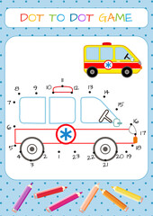 Ambulance car. Numbers game, education dot to dot game for children. Coloring book. Cartoon vector illustration