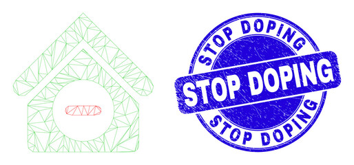 Obraz premium Web mesh forbidden house icon and Stop Doping stamp. Blue vector rounded textured stamp with Stop Doping title. Abstract frame mesh polygonal model created from forbidden house icon.