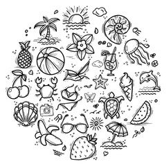Set of icons and design elements for summer holidays and beach rest in doodle style