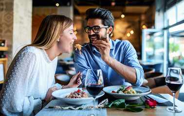 Paste and red wine. Young couple enjoying lunch in the restaurant. Lifestyle, love, relationships, food concept