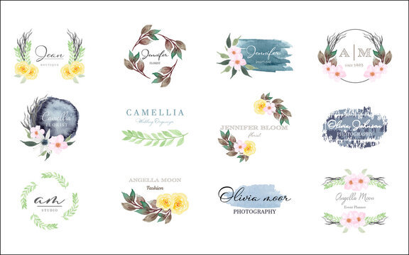 set of abstract premade feminine logo with watercolor flower and brush stroke